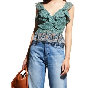Veronica Beard Randa Paisley Ruffle Trim Peplum Top